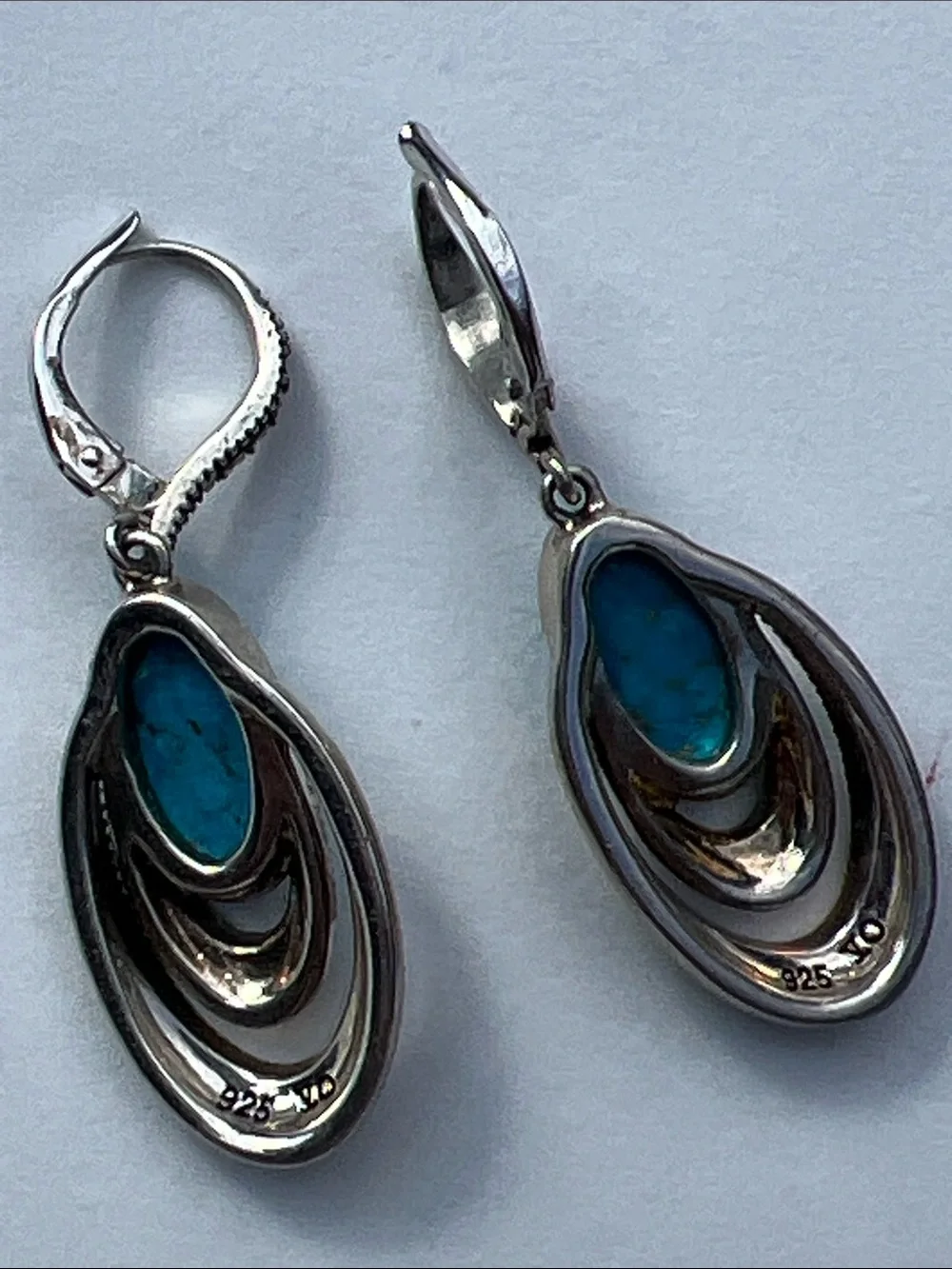 Blue Teardrop Dangle Earrings with Antiqued Silver Detail 925 Sterling